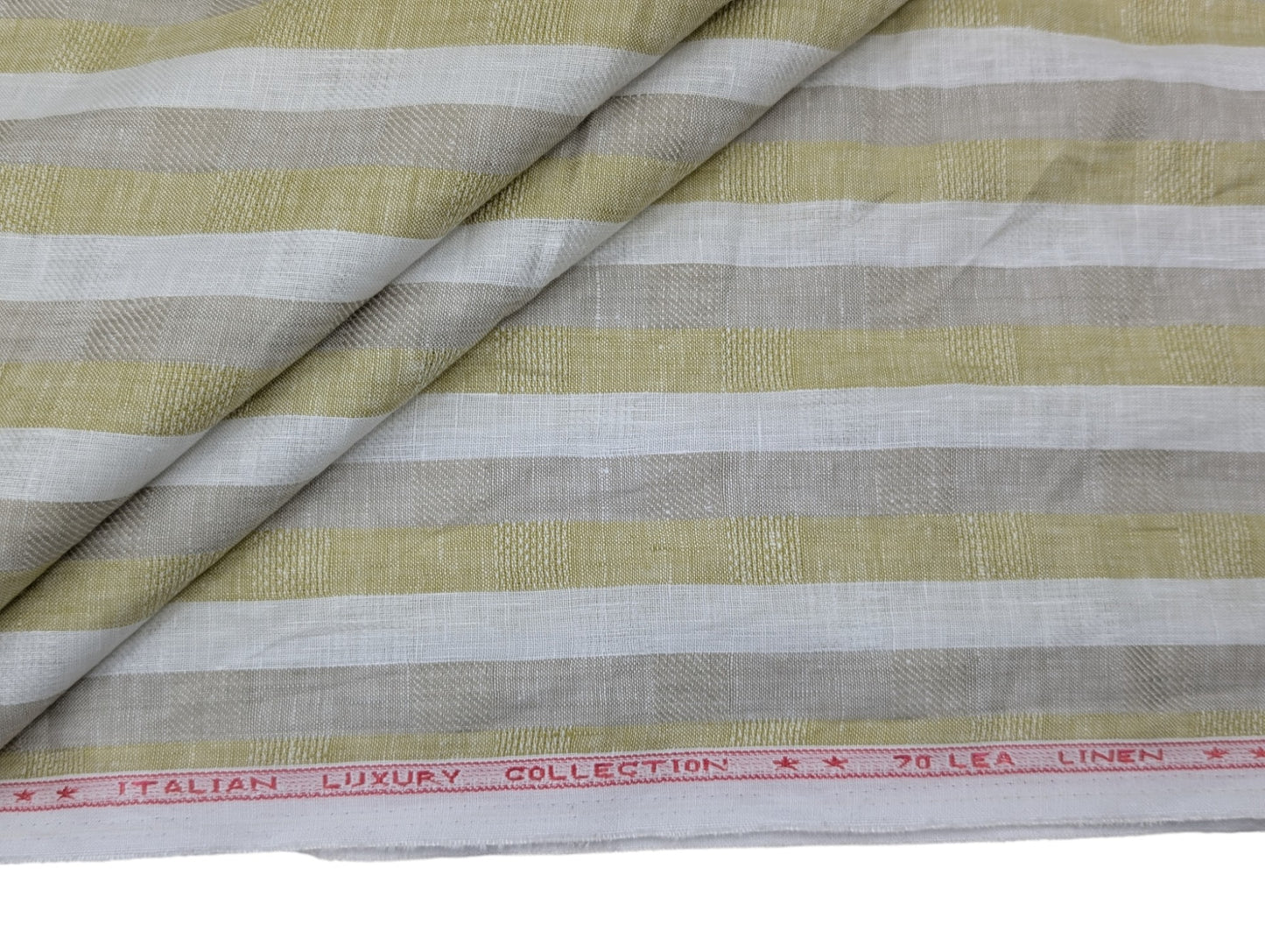 Italian Luxury Pure Linen Fabric 70 LEA (White, Olive & Taupe Stripes)