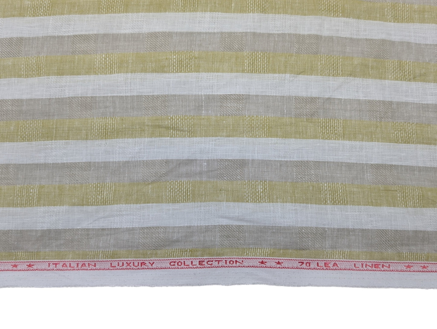 Italian Luxury Pure Linen Fabric 70 LEA (White, Olive & Taupe Stripes)