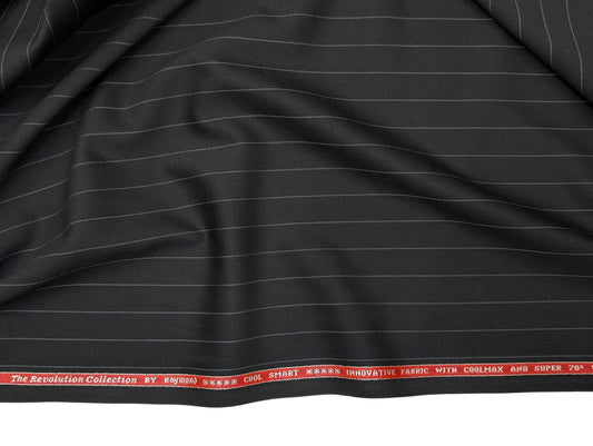 Raymond The Revolution Collection Super 70's Wool blend Suiting Fabric (Noir Black, Pinstripes)