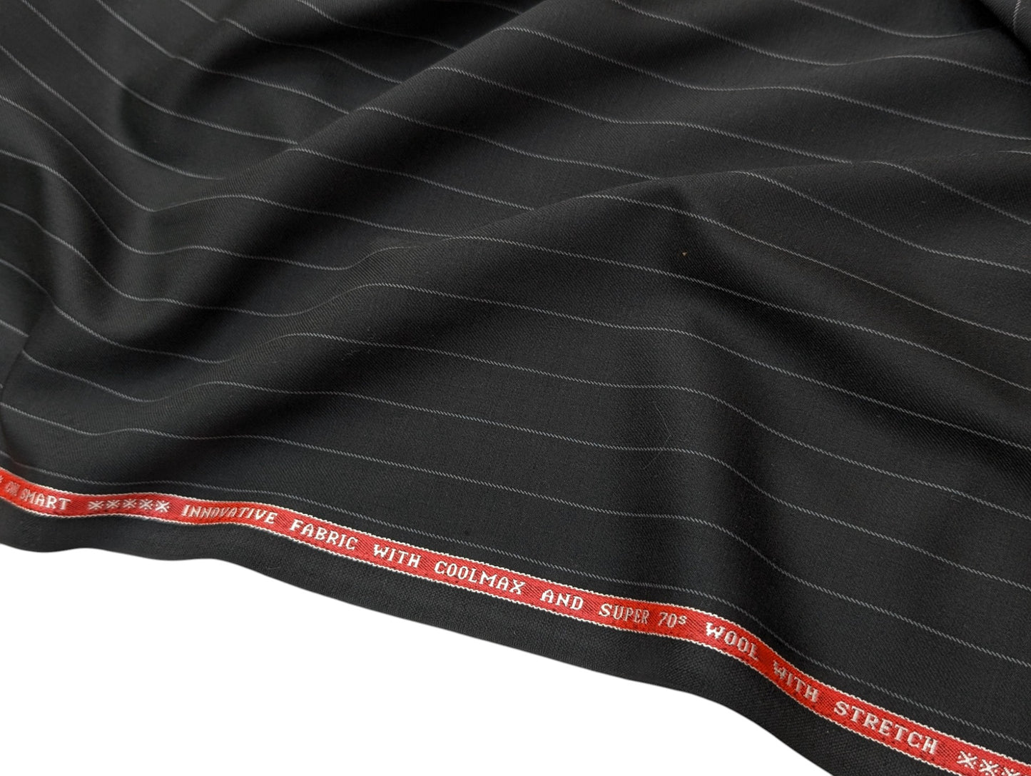 Raymond The Revolution Collection Super 70's Wool blend Suiting Fabric (Noir Black, Pinstripes)
