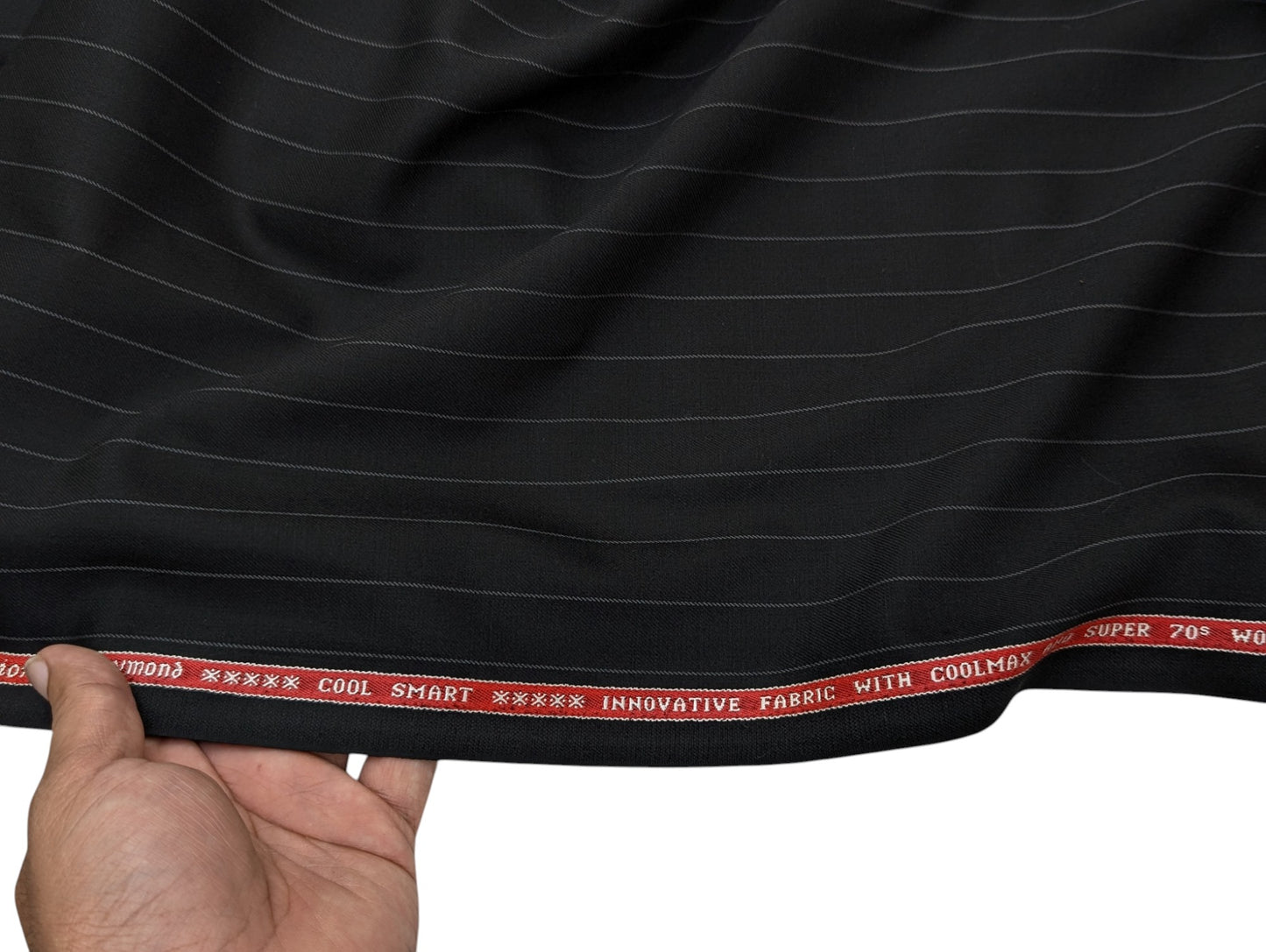 Raymond The Revolution Collection Super 70's Wool blend Suiting Fabric (Noir Black, Pinstripes)