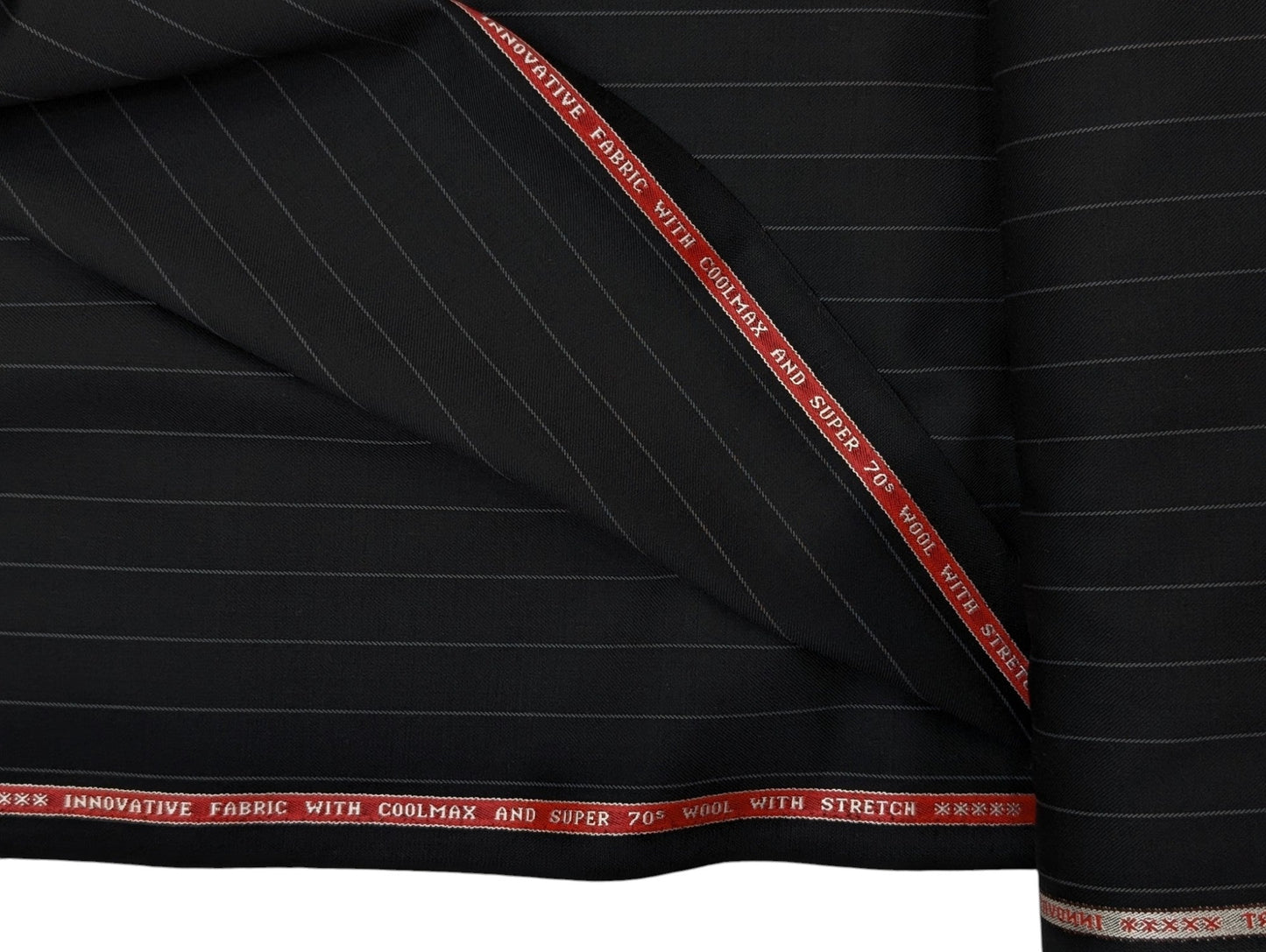 Raymond The Revolution Collection Super 70's Wool blend Suiting Fabric (Noir Black, Pinstripes)