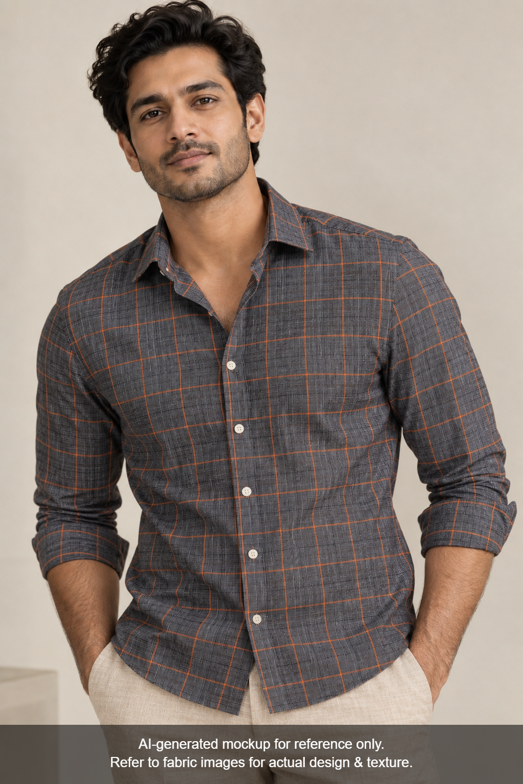 100% Pure Linen 60 LEA Shirting Fabric (Charcoal Grey & Orange, Checks)