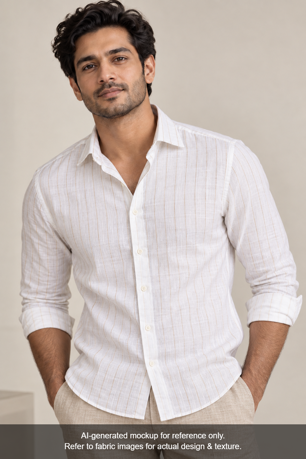 100% Pure Linen 60 LEA Shirting Fabric (White & Golden, Subtle Stripes)