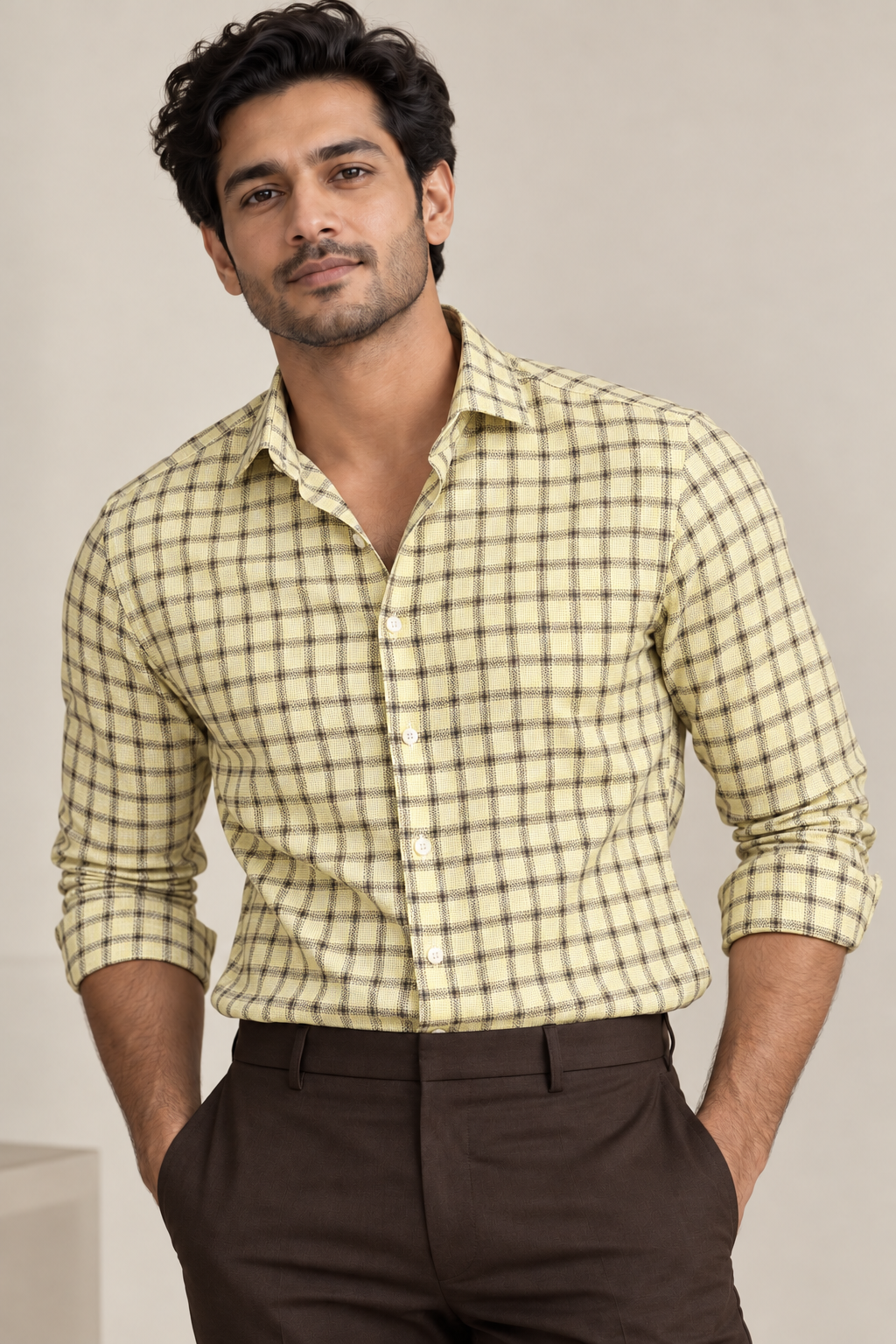 Raymond Lucas 100% Pure Linen Premium Jute Weave Shirting Fabric (Yellow & Brown, Checks)