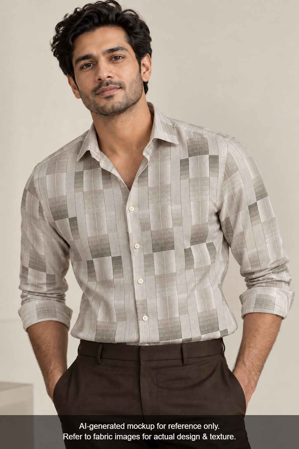 Tessitura Monti 100% Premium Giza Cotton Shirting Fabric (Beige & Brown , Geometric Pattern)