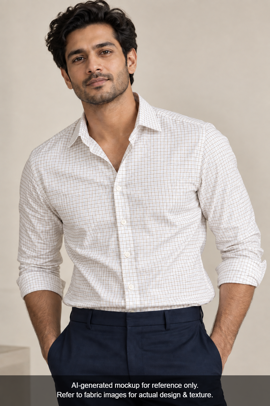 Tessitura Monti 100% Premium Giza Cotton Shirting Fabric (White & Beige, Checks)