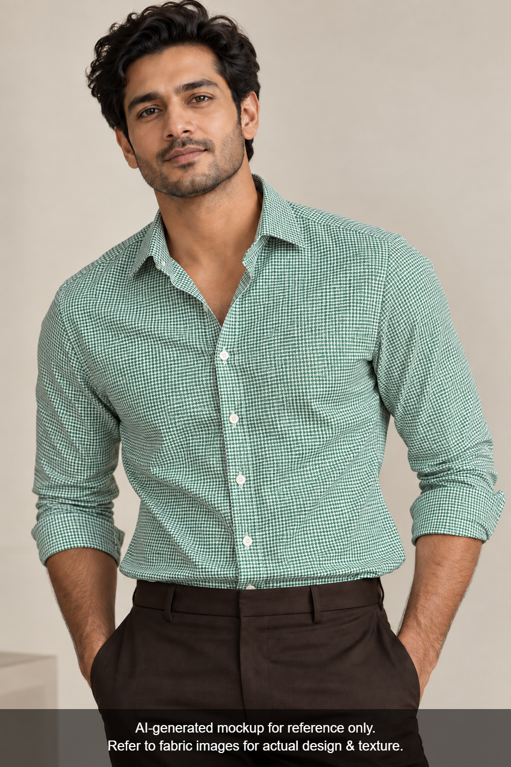 Tessitura Monti 100% Premium Giza Cotton Shirting Fabric (Green, Houndstooth Pattern)