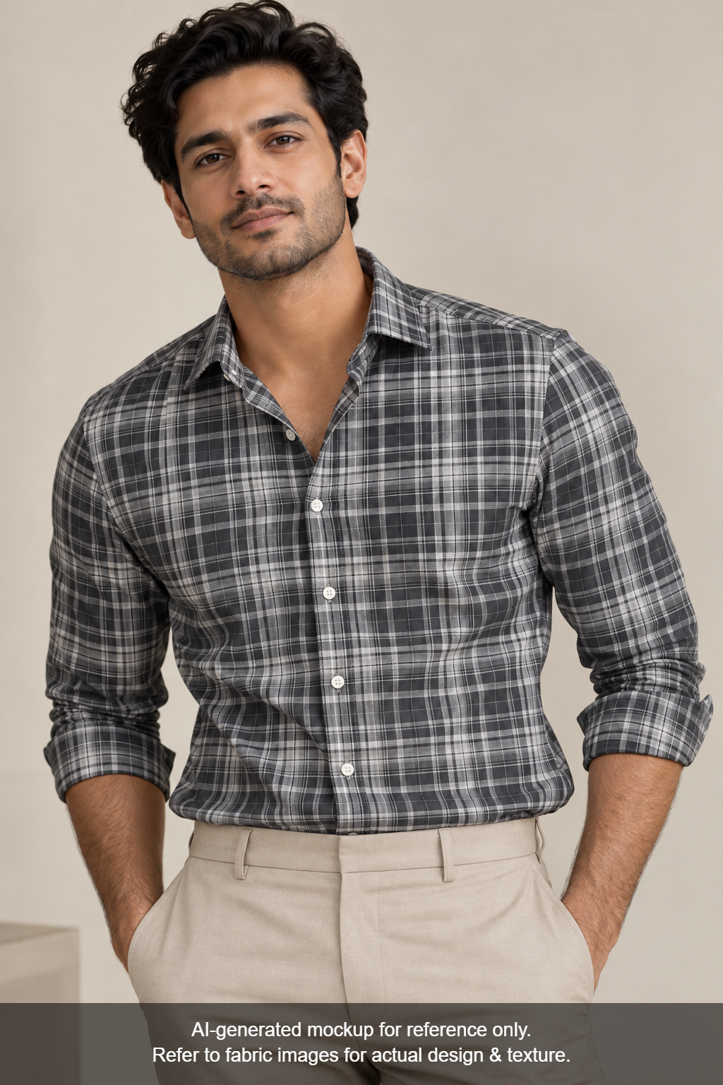 Tessitura Monti 100% Premium Giza Cotton Shirting Fabric (Olive Grey, Multichecks)