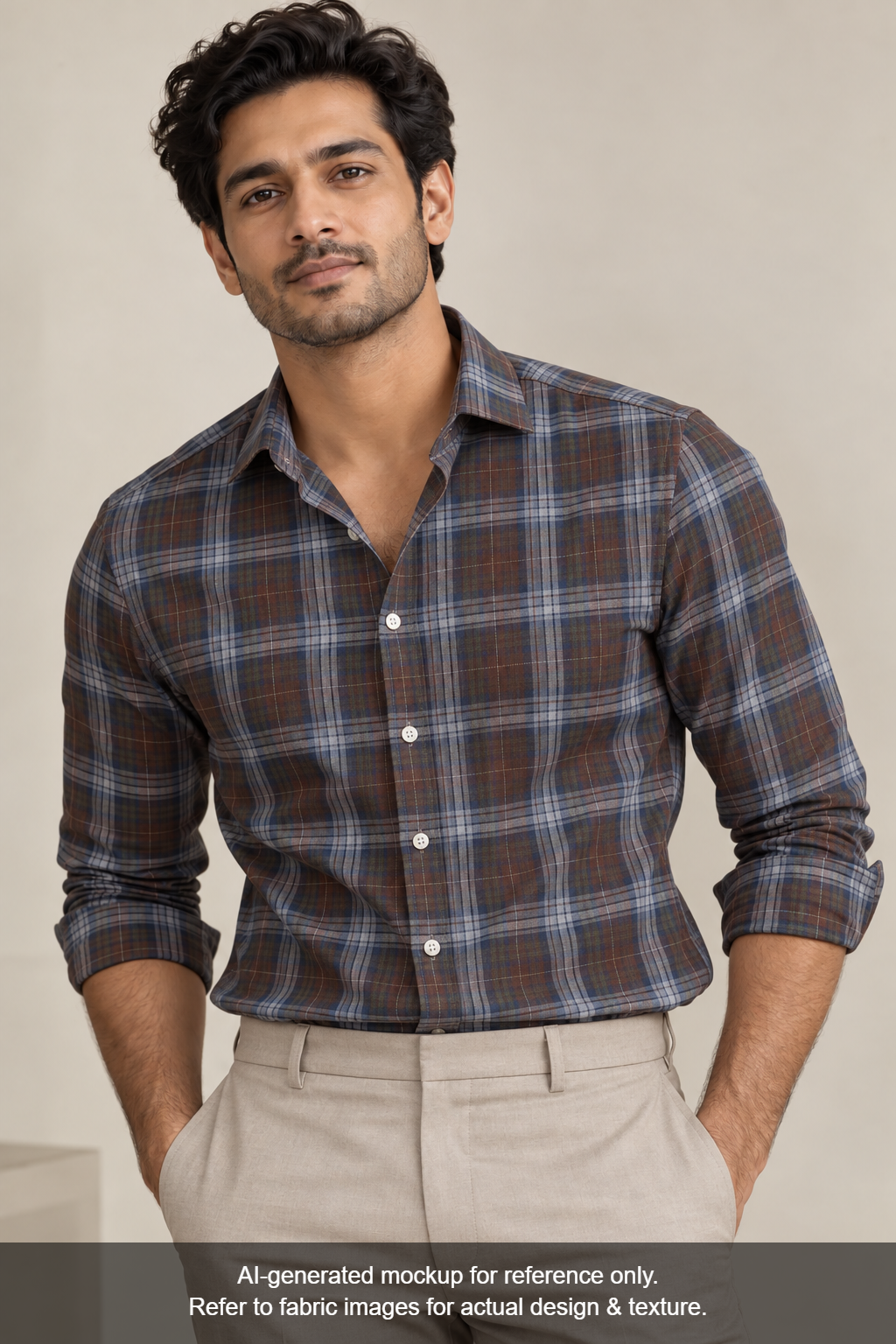 Tessitura Monti 100% Premium Giza Cotton Shirting Fabric (Rust & Dark Blue, Checks)