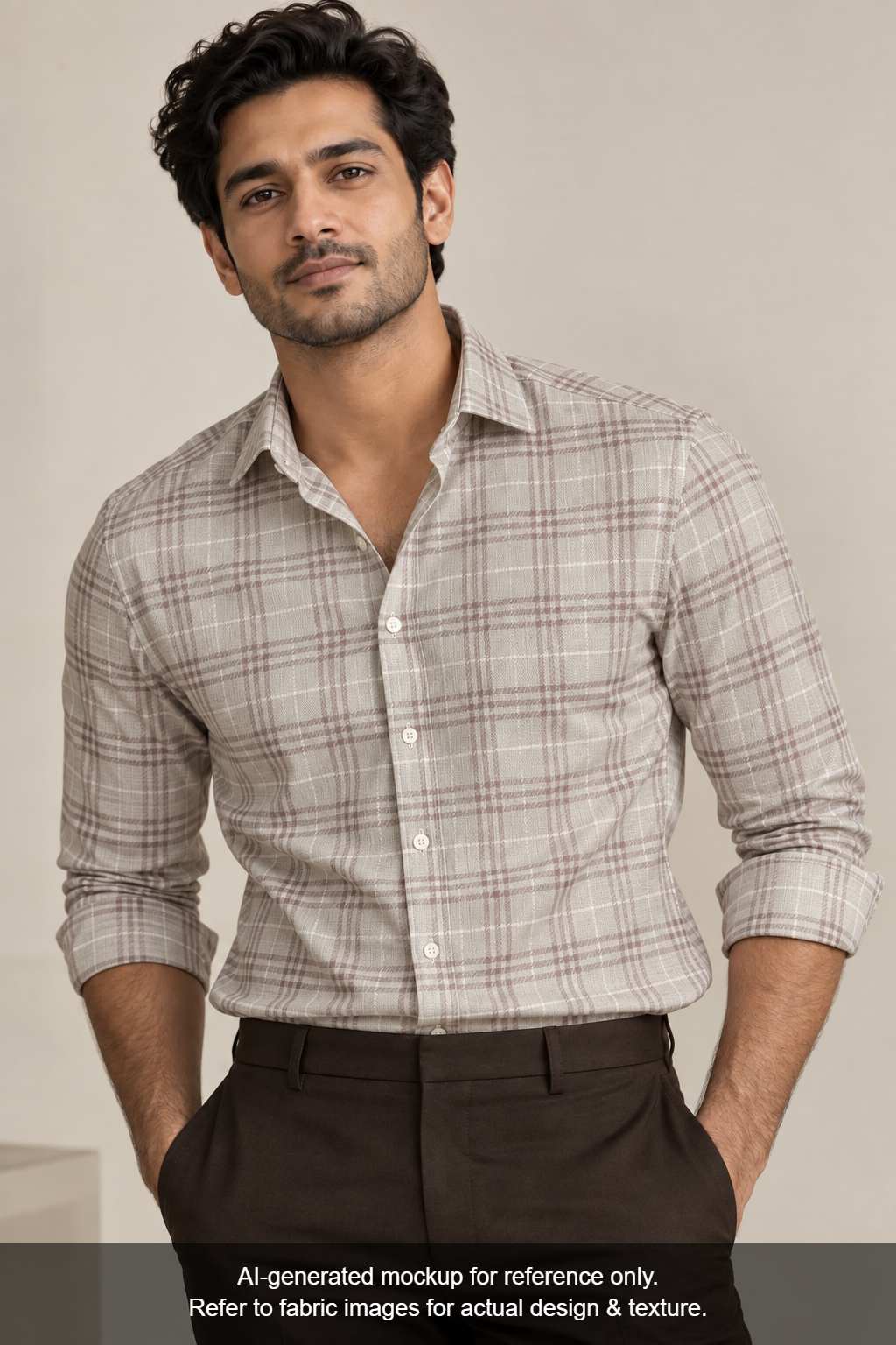 Tessitura Monti 100% Premium Giza Cotton Shirting Fabric (Beige & Brown, Patterned Checks)