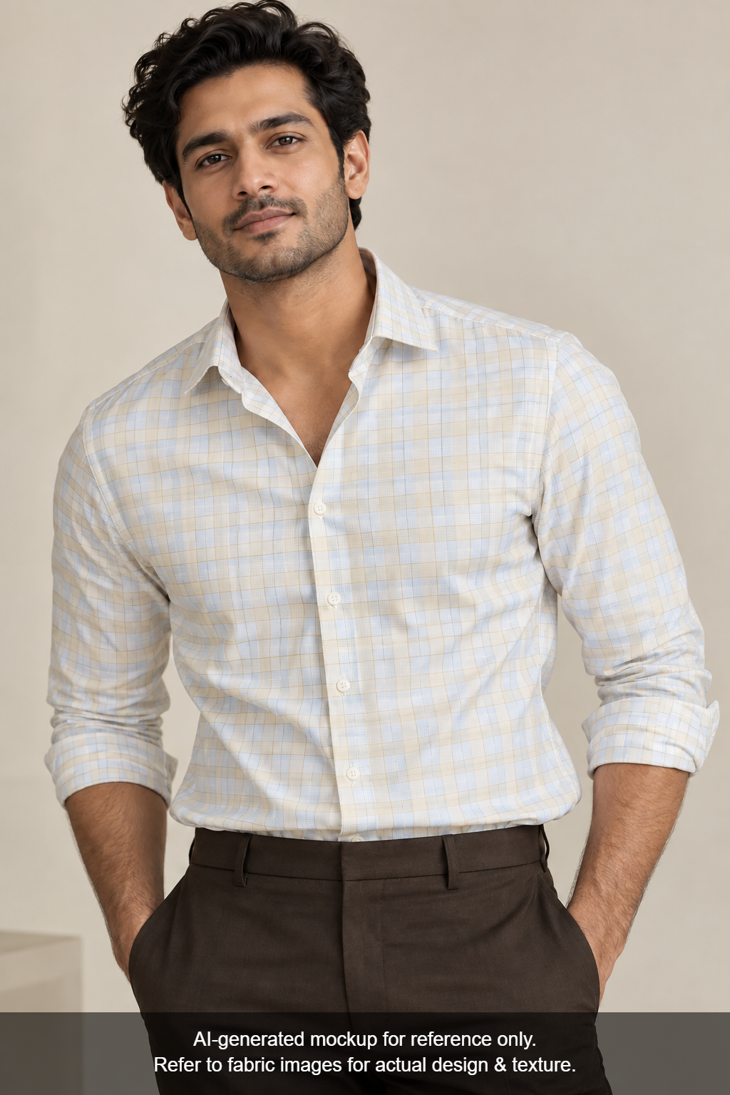 Tessitura Monti 100% Premium Giza Cotton Shirting Fabric (Blue & Light Yellow, Checks)