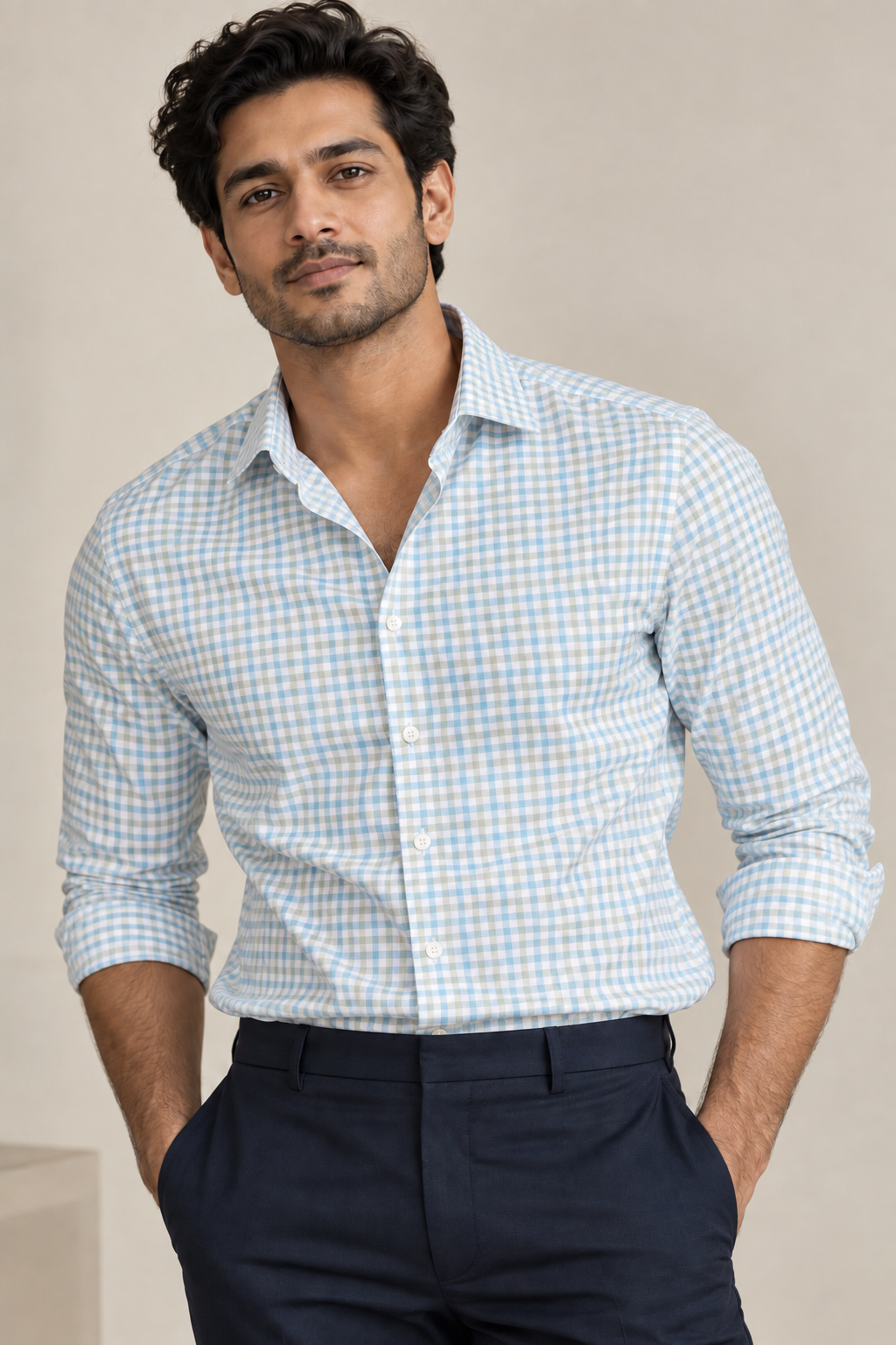 Canetti Italy 100% Premium Cotton Shirting Fabric (Teal Blue & Yellow, Checks)