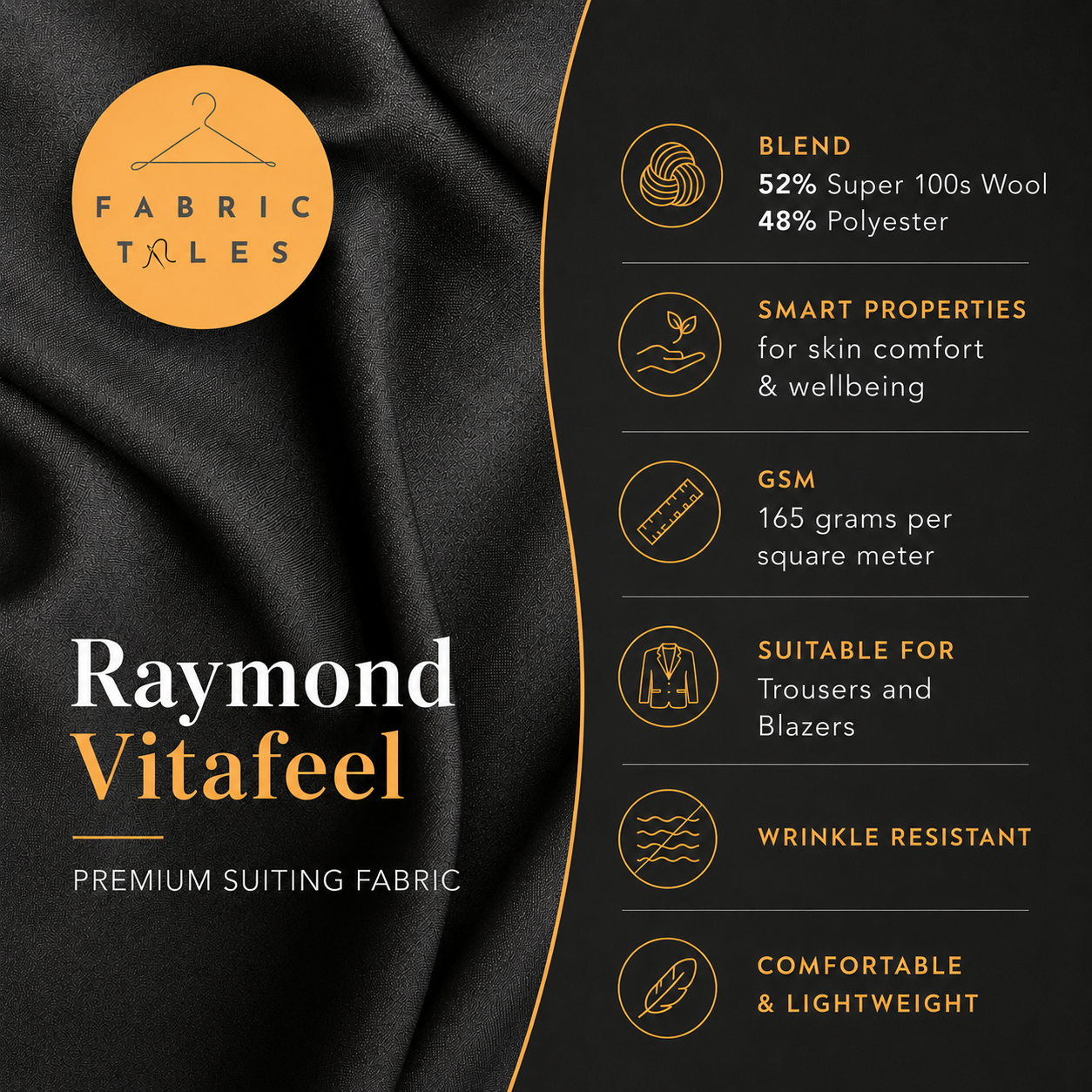 Raymond Vitafeel Exotic 52% Wool Super 100s Merino Wool Blend Suiting Fabric (Grey, Plain)