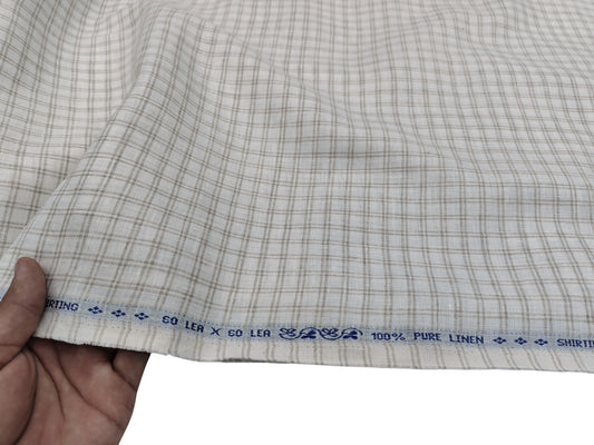 100% Pure European Linen 60 LEA Shirting Fabric (White And Brown, Checks)