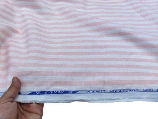 100% Pure European Linen 60 LEA Shirting Fabric (Pink And White, Striped)