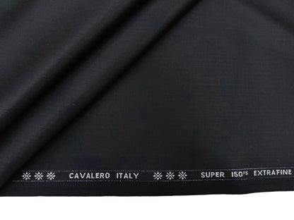 Cavalero Italy 95% Wool Super 150s Suiting Fabric (Pure Black, Plain Weave)