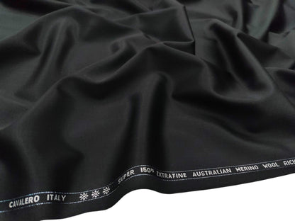 Cavalero Italy 95% Wool Super 150s Suiting Fabric (Pure Black, Plain Weave)