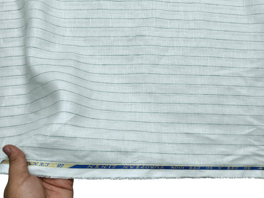 100% Pure European Linen 60 LEA Shirting Fabric (Offwhite & Green , Stripes)