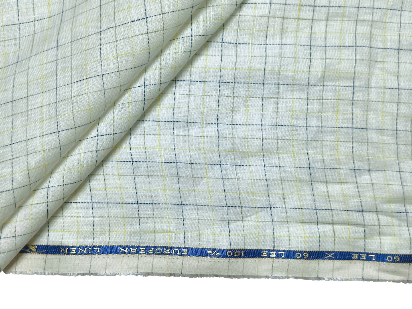 100% Pure European Linen 60 LEA Shirting Fabric (White & Yellow Checks)
