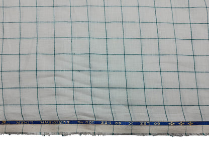 100% Pure European Linen 60 LEA Shirting Fabric (White & Green , Checks)