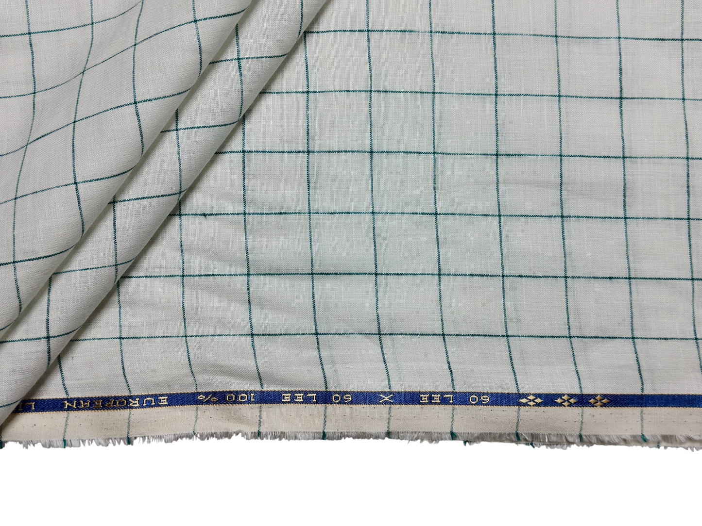 100% Pure European Linen 60 LEA Shirting Fabric (White & Green , Checks)