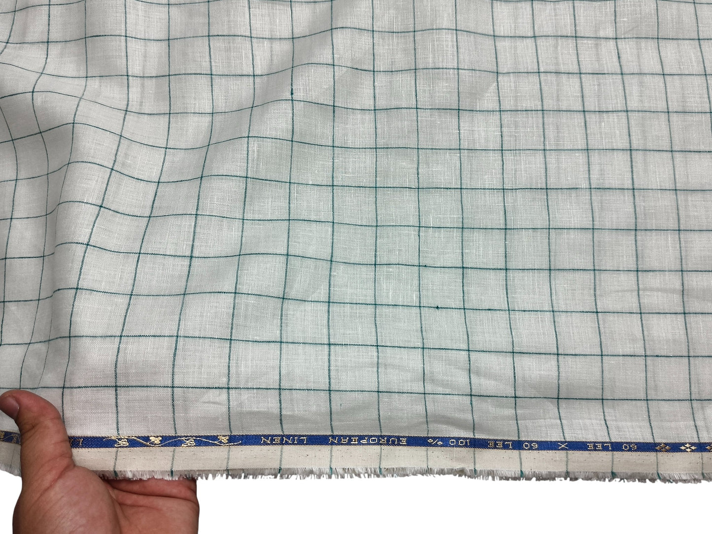 100% Pure European Linen 60 LEA Shirting Fabric (White & Green , Checks)