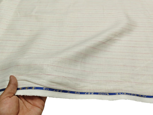 100% Pure European Linen 60 LEA Shirting Fabric (Offwhite & Pink , Stripes)