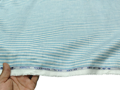 100% Pure European Linen 60 LEA Shirting Fabric (Blue & White Stripes)