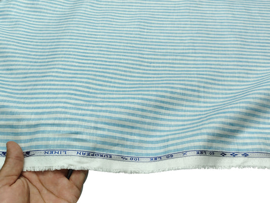 100% Pure European Linen 60 LEA Shirting Fabric (Blue & White Stripes)