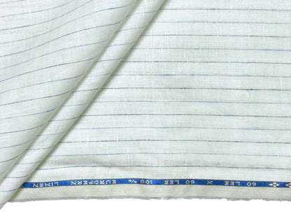 100% Pure European Linen 60 LEA Shirting Fabric (White & Blue , Stripes)