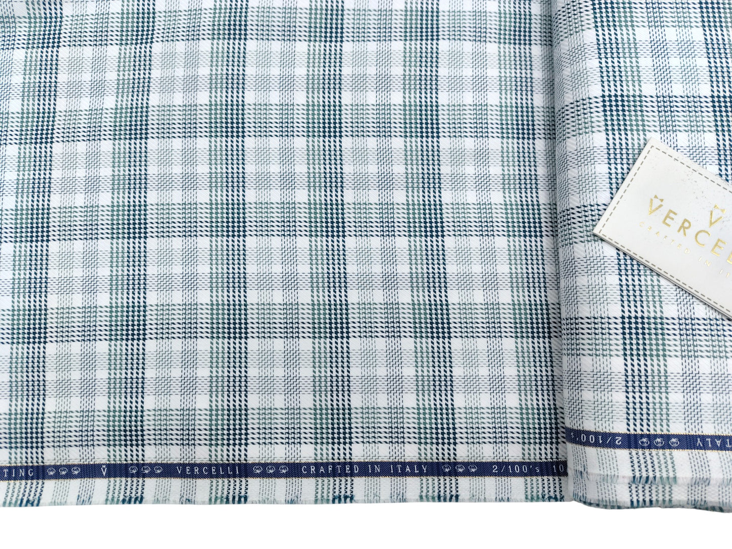 Vercelli Italy 2/100s Finest Supima Cotton Shirting Fabric (White And Green, Multichecks)