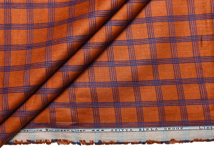 Linen Club 100% Pure European Linen Suiting Suiting Fabric (Orange, Blue Checks)