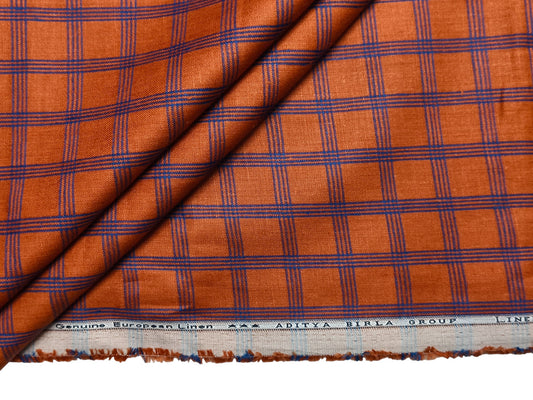 Linen Club 100% Pure European Linen Suiting Suiting Fabric (Orange, Blue Checks)