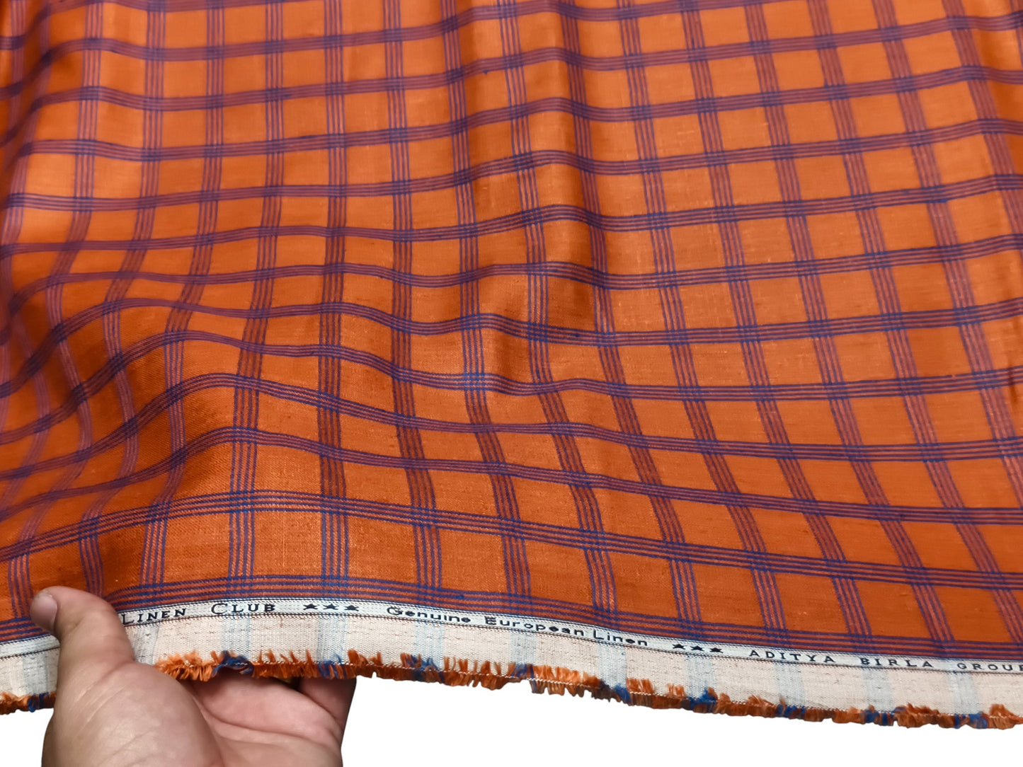 Linen Club 100% Pure European Linen Suiting Suiting Fabric (Orange, Blue Checks)