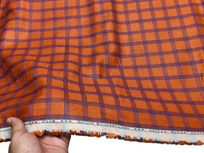 Linen Club 100% Pure European Linen Suiting Suiting Fabric (Orange, Blue Checks)