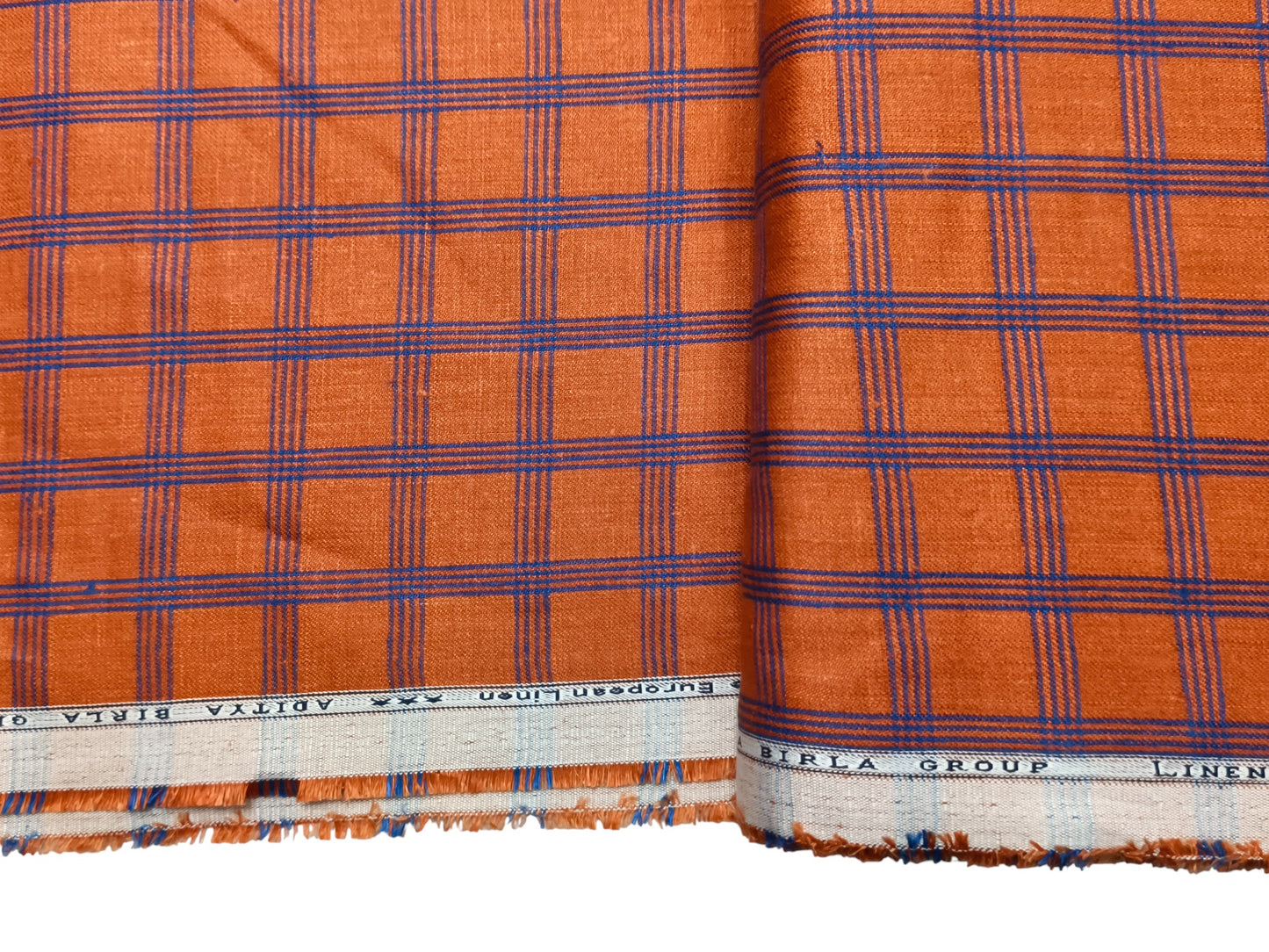 Linen Club 100% Pure European Linen Suiting Suiting Fabric (Orange, Blue Checks)