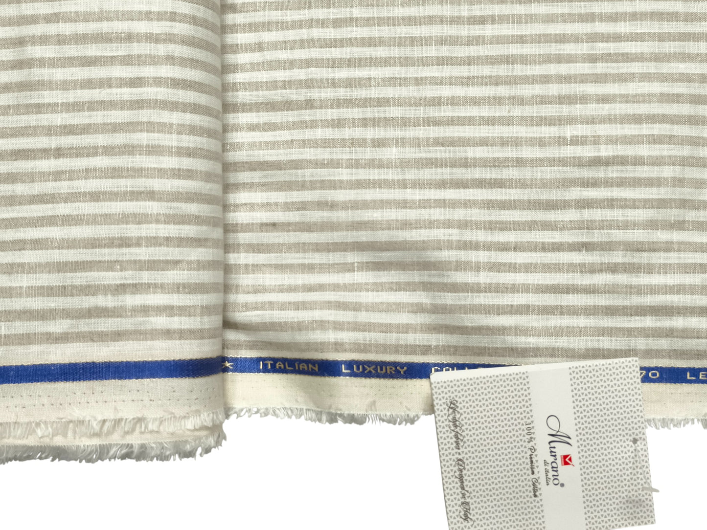 Italian Luxury Collection 100% Pure Linen Fabric 70 LEA Shirting Fabric (Beige & White, Stripes)