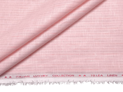 Italian Luxury Collection 100% Pure Linen Fabric 70 LEA Shirting Fabric (Pink , Striped)