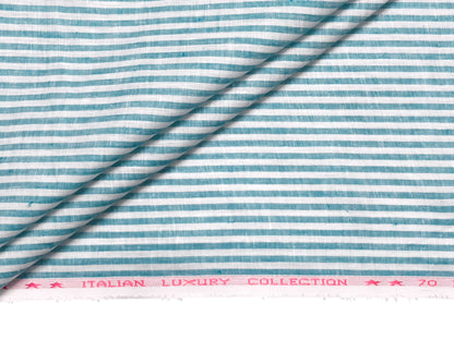 Italian Luxury Collection 100% Pure Linen Fabric 70 LEA Shirting Fabric (Green & White, Stripes)