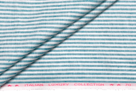 Italian Luxury Collection 100% Pure Linen Fabric 70 LEA Shirting Fabric (Green & White, Stripes)