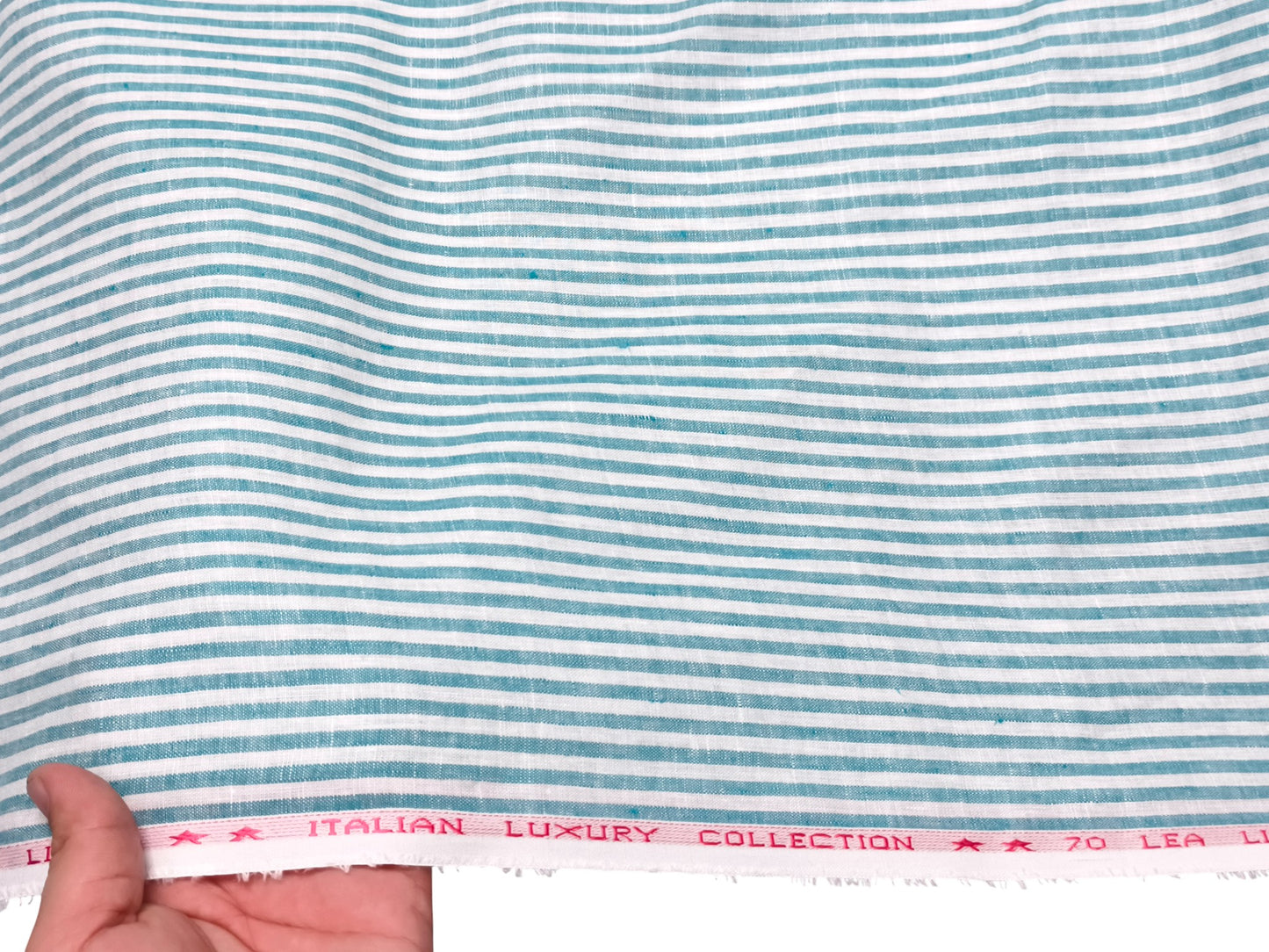 Italian Luxury Collection 100% Pure Linen Fabric 70 LEA Shirting Fabric (Green & White, Stripes)