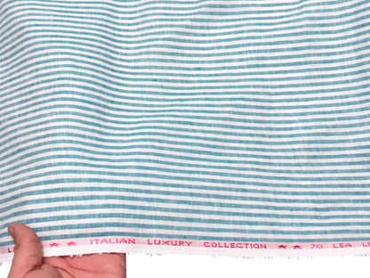 Italian Luxury Collection 100% Pure Linen Fabric 70 LEA Shirting Fabric (Green & White, Stripes)