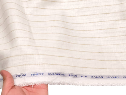Italian Luxury Collection 100% Pure Linen Fabric 70 LEA Shirting Fabric (White & Golden, Stripes)