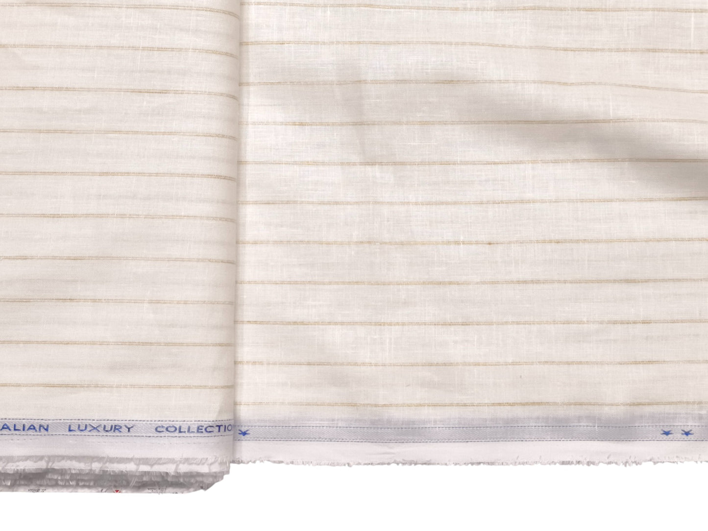 Italian Luxury Collection 100% Pure Linen Fabric 70 LEA Shirting Fabric (White & Golden, Stripes)
