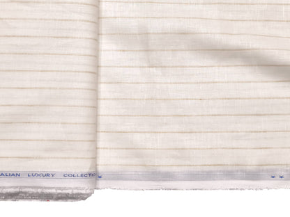Italian Luxury Collection 100% Pure Linen Fabric 70 LEA Shirting Fabric (White & Golden, Stripes)