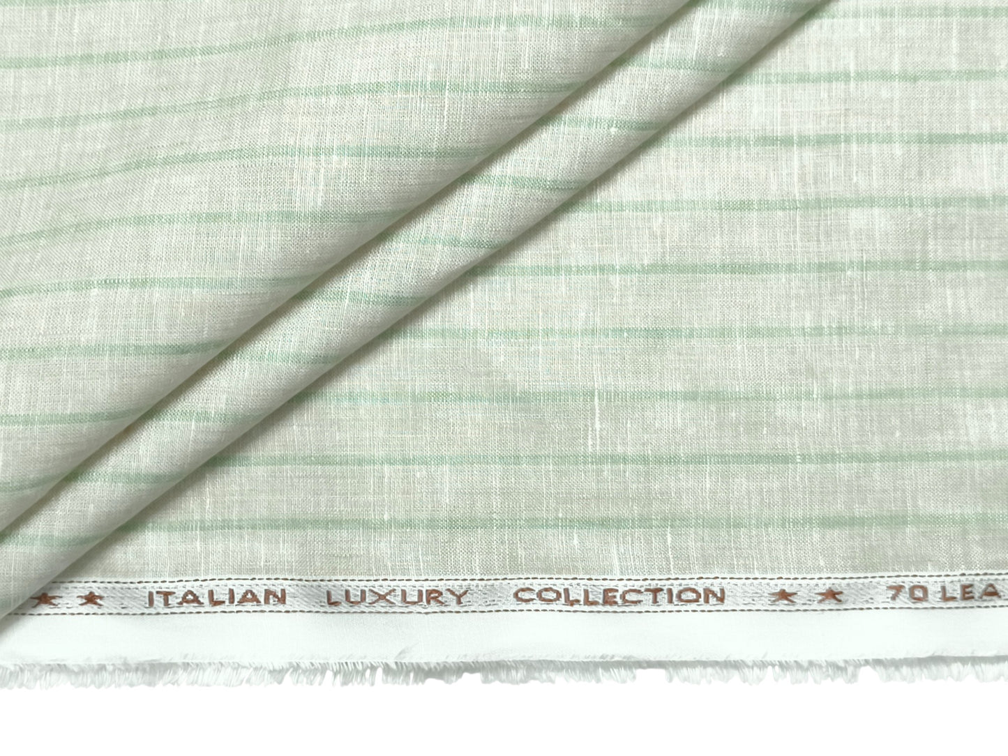 Italian Luxury Collection 100% Pure Linen Fabric 70 LEA Shirting Fabric (Beige & Green Stripes)