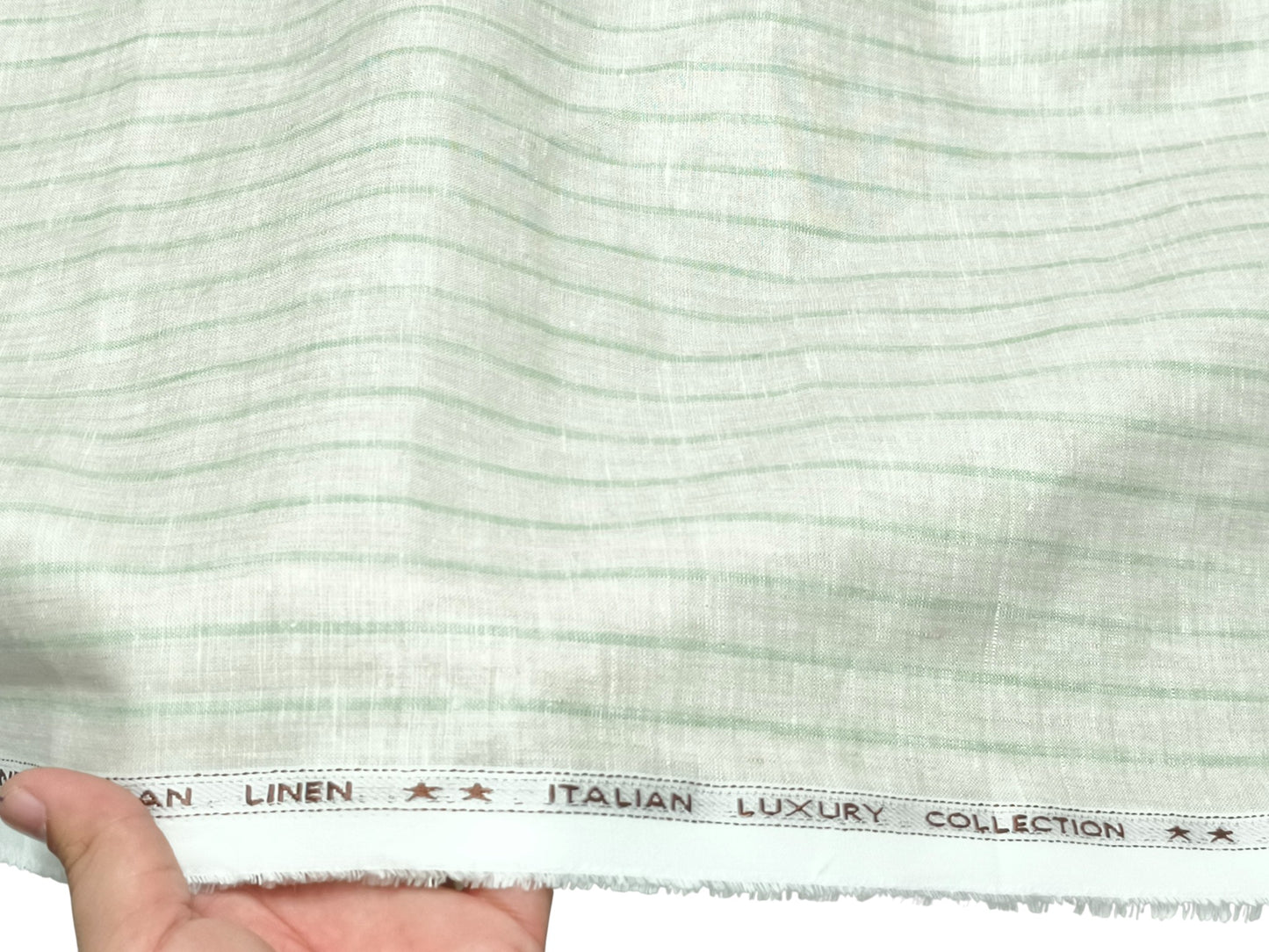 Italian Luxury Collection 100% Pure Linen Fabric 70 LEA Shirting Fabric (Beige & Green Stripes)