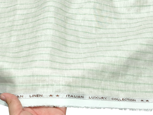 Italian Luxury Collection 100% Pure Linen Fabric 70 LEA Shirting Fabric (Beige & Green Stripes)
