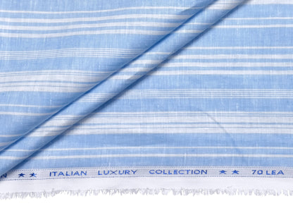 Italian Luxury Collection 100% Pure Linen Fabric 70 LEA Shirting Fabric (Blue & White, Stripes)